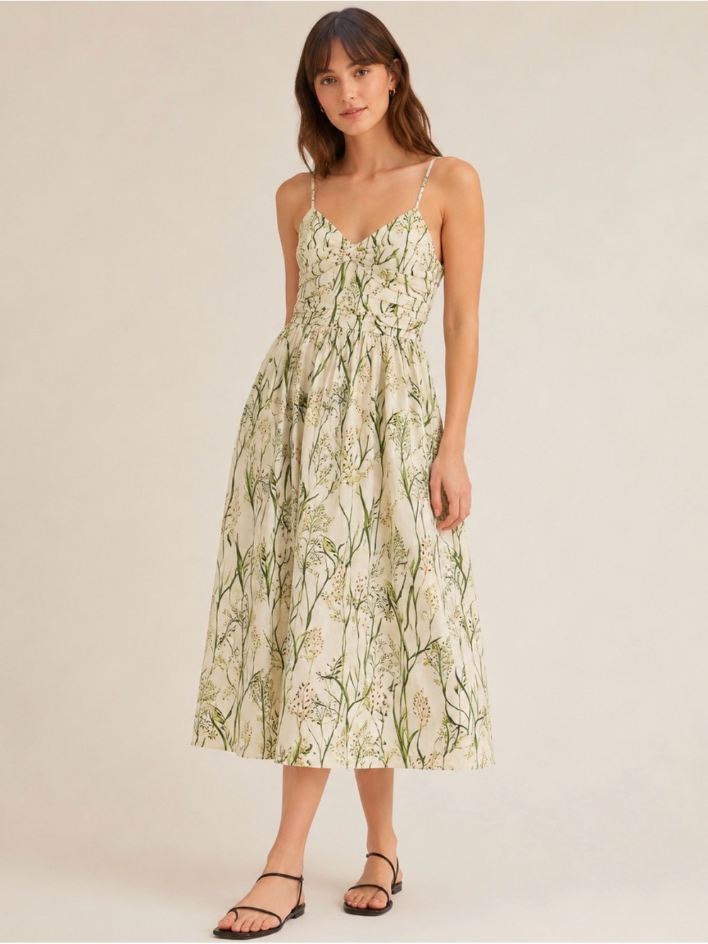 H&M Wildflower Cream Green Linen Blend Slip Midi Dress M
